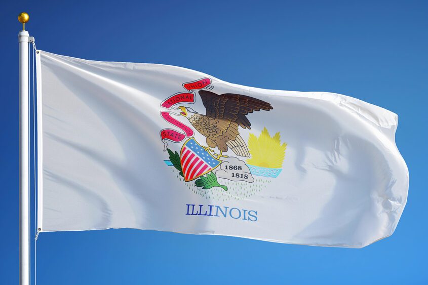 Illinois (U.S. state) flag waving against clear blue sky, close up, isolated with clipping path mask alpha channel transparency, perfect for film, news, composition