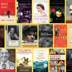 Book covers are arranged in a grid. Titles include 