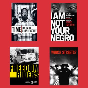 Four documentary posters on a red background, each with bold titles: "Time: The Kalief Browder Story," "I Am Not Your Negro," "Freedom Riders," "Whose Streets?"