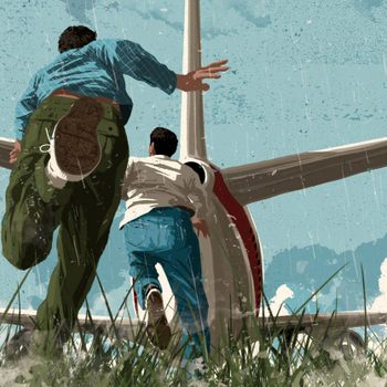Two people run towards a small plane, surrounded by tall grass, under a clear blue sky.