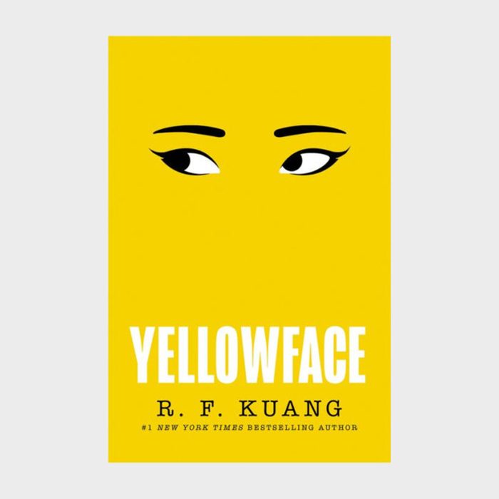 Eyes gaze sideways on a bright yellow background; text below reads 