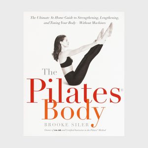Book cover shows a woman performing a Pilates exercise, with text: 