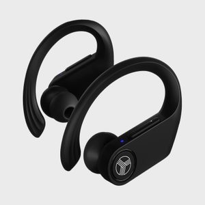 Black wireless earbuds feature ear hooks, displayed against a plain background, emphasizing their sleek design and compact shape.
