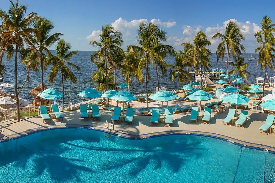 A swimming pool surrounded by turquoise loungers and umbrellas overlooks the ocean, with palm trees and a clear blue sky in the background.