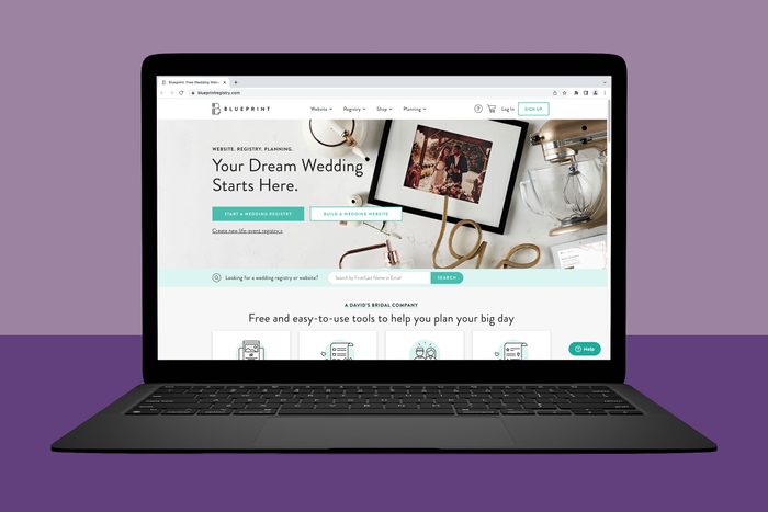A laptop displays a wedding planning website with search and signup options, showing wedding-themed images and tools for organizing big day events.