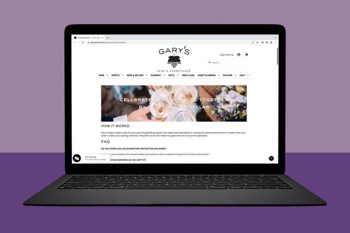 Laptop displays webpage promoting starting a wine cellar for weddings. Text includes 