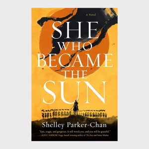 Cover shows a silhouetted warrior before a setting sun, surrounded by soldiers on an orange background. Text reads: 