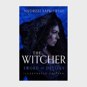 A woman in a detailed hooded cloak gazes fiercely. Dark and mystical blue hues surround her. Text reads, â€œThe Witcher: Sword of Destiny.â€