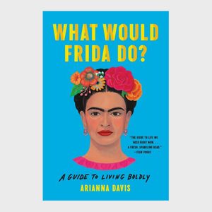 A book cover features a portrait of Frida Kahlo with flowers in her hair against a blue background. Text: 