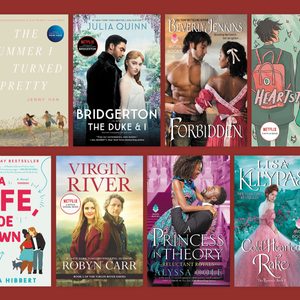Book covers arranged in two rows showcase romantic and dramatic themes, featuring couples and vibrant backgrounds. Titles include 