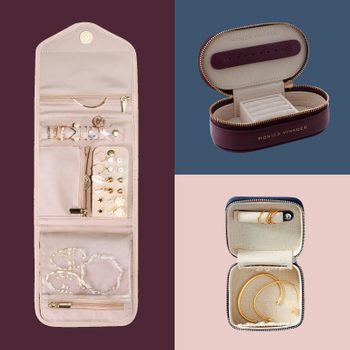 Jewelry containers display earrings and bracelets, arranged with compartments and zippers, set against a split background in burgundy, blue, and pink tones.