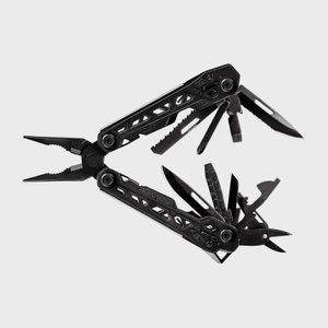 Multi-tool displaying various tools extended, including pliers and knife, in a black metallic finish against a plain gray background.