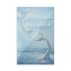Book cover shows ethereal figures, mirroring each other over a dreamy ocean landscape. Text: 
