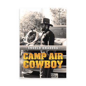 Cowboy stands beside truck, holding lasso; trees and blurred background visible. Text reads 
