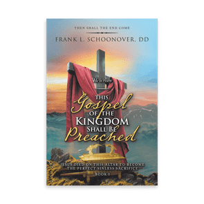 Cross stands against sunrise, draped in red cloth; text says, 