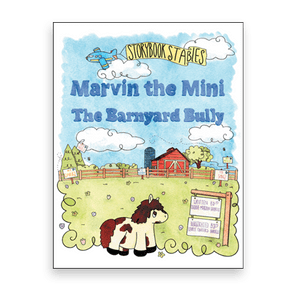 A cartoon horse stands in a grassy field with a barn and trees, under a banner reading 