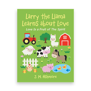 Children's book cover features farm animals and machinery on grass with a barn backdrop. Title: 