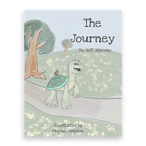A cheerful turtle walks on a path surrounded by trees and flowers. Text: 