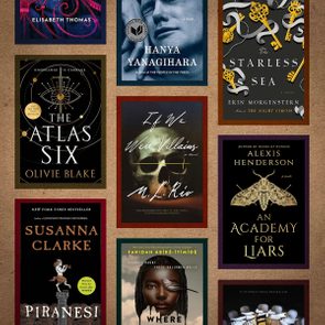 Nine book covers are displayed in a grid, each featuring unique artwork and titles like 