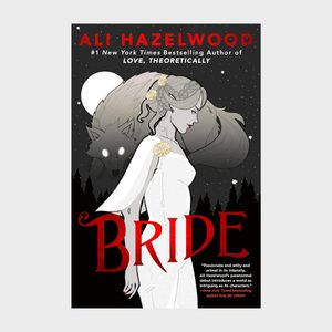 A woman in a white dress stands beside a large wolf under a starry sky; the title 