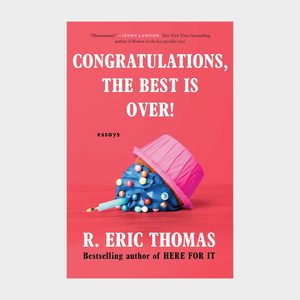 A blue cupcake with colorful sprinkles topples under a pink party hat against a red background. Text: 