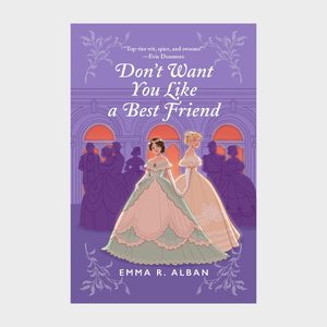 Two elegantly dressed women stand confidently amid a ballroom with shadowed dancers, under archways. Text: 