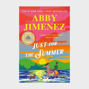 A couple and a dog run along a beach at sunset, with vibrant skies and text: 