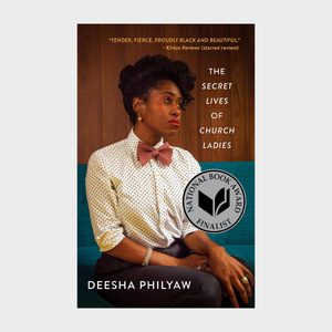 Woman wearing a polka dot shirt and bow tie sits contemplatively against a wooden backdrop. Text: â€œThe Secret Lives of Church Ladiesâ€ by Deesha Philyaw.