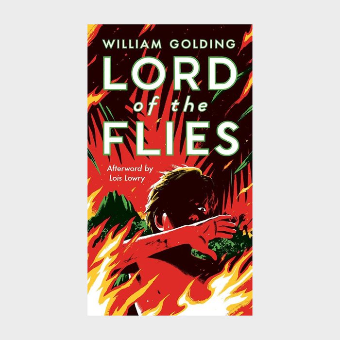 A silhouetted figure gestures amid fiery chaos. William Golding's 