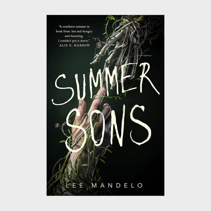 A skeleton hand intertwined with vines reaches toward a human hand on a dark background. Text: â€œSUMMER SONSâ€ by Lee Mandelo.