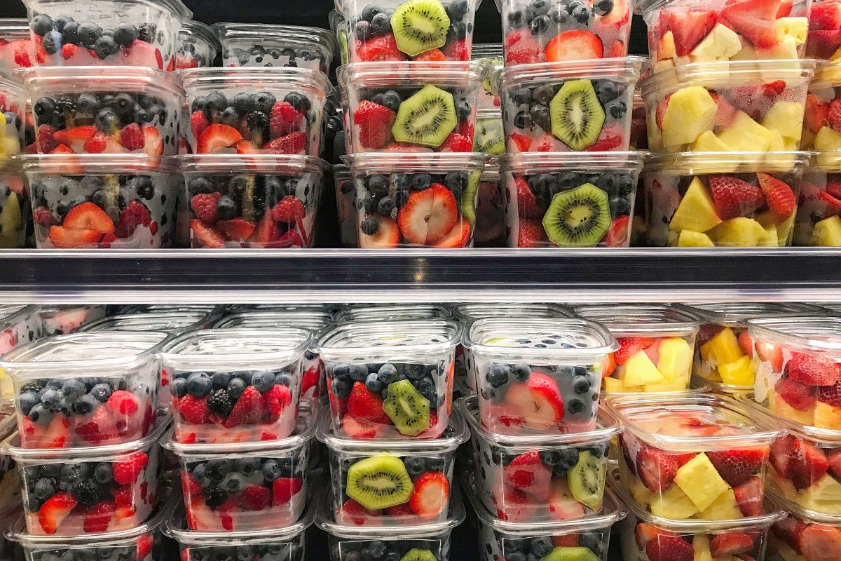 Fresh fruit boxes in a market retail display